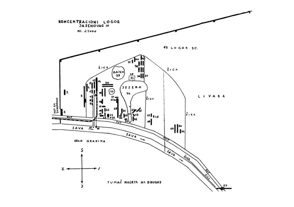 Istorijski plan logora Jasenovac III iz knjige Zločini u logoru Jasenovac, sa originalnim brojevima objekata